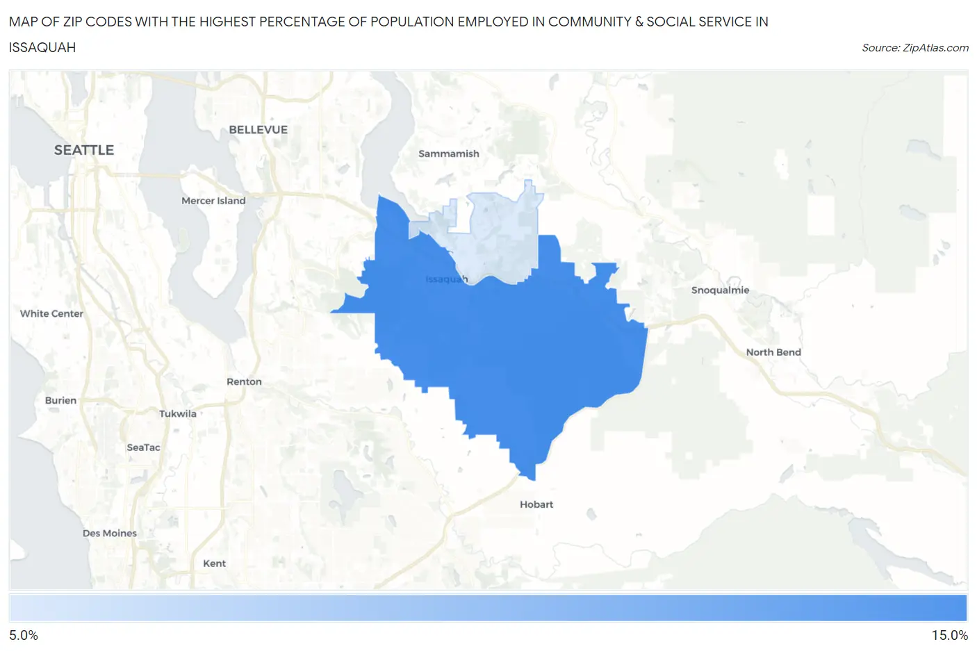 Zip Codes with the Highest Percentage of Population Employed in Community & Social Service  in Issaquah Map