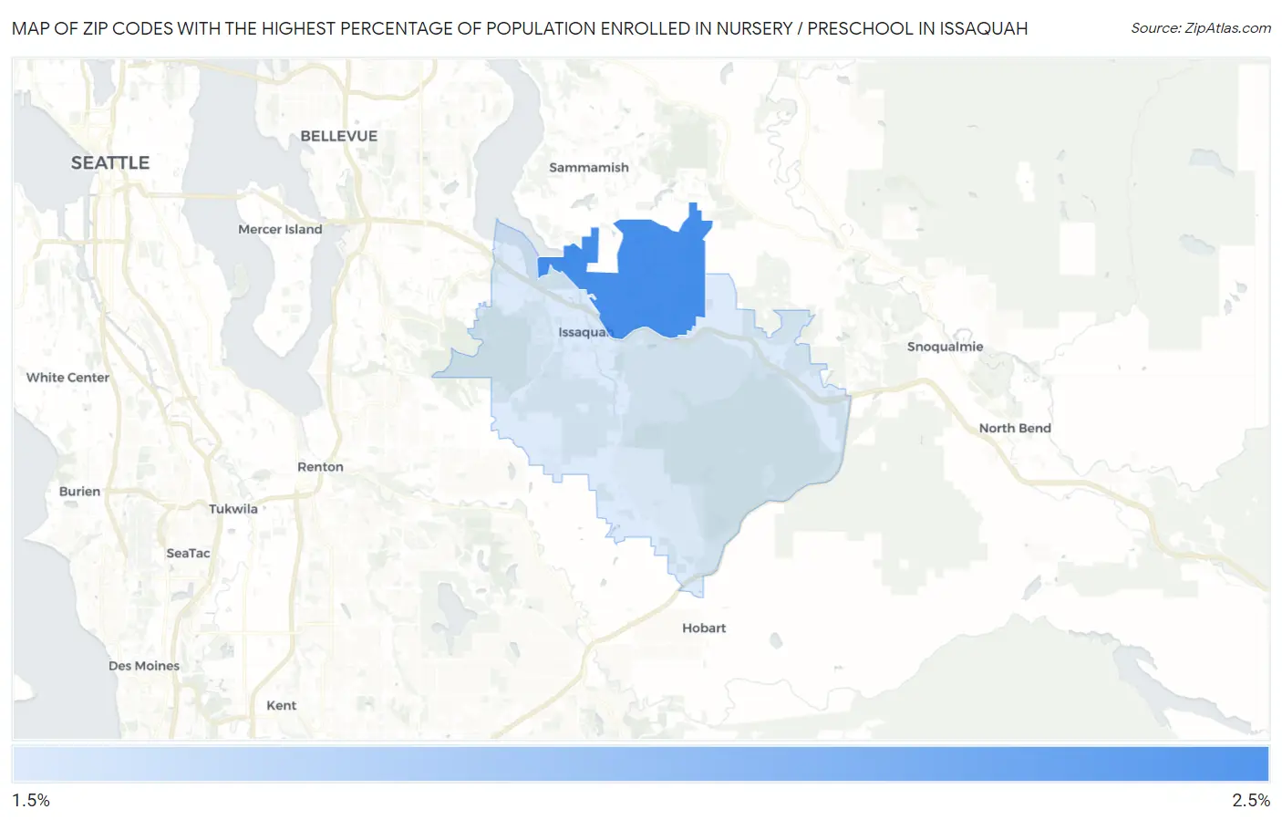 Zip Codes with the Highest Percentage of Population Enrolled in Nursery / Preschool in Issaquah Map