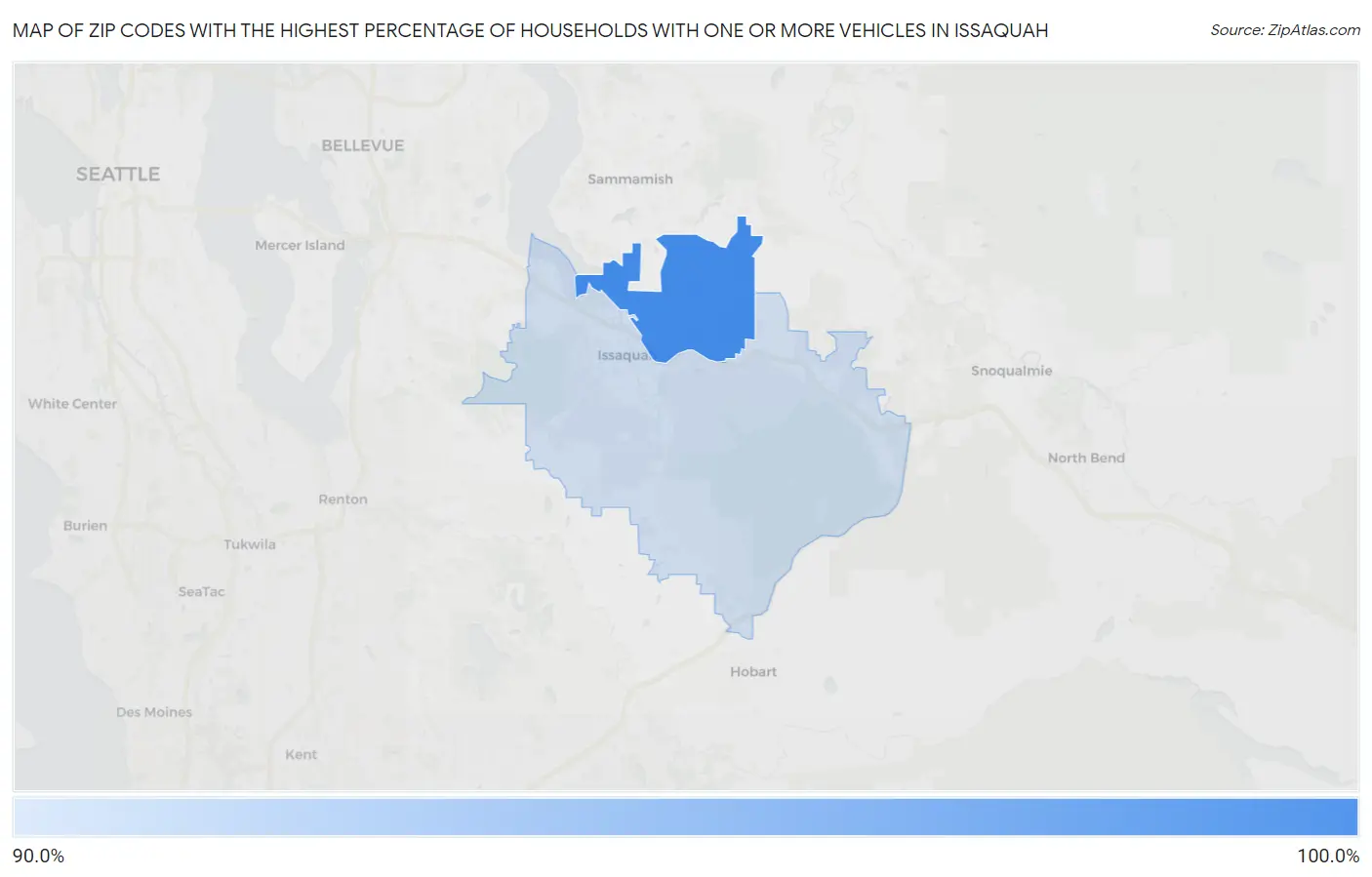 Zip Codes with the Highest Percentage of Households With One or more Vehicles in Issaquah Map