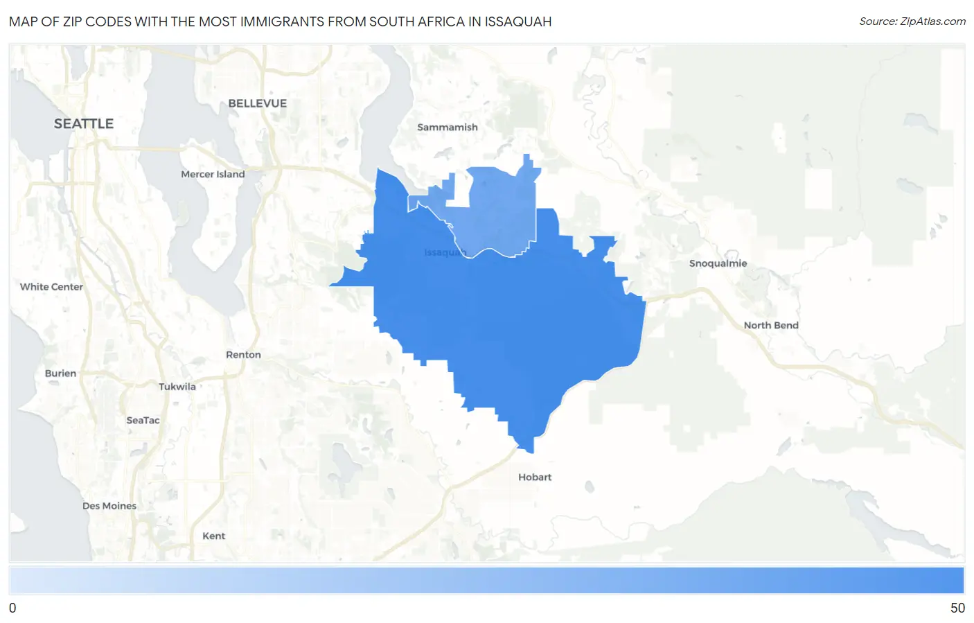 Zip Codes with the Most Immigrants from South Africa in Issaquah Map