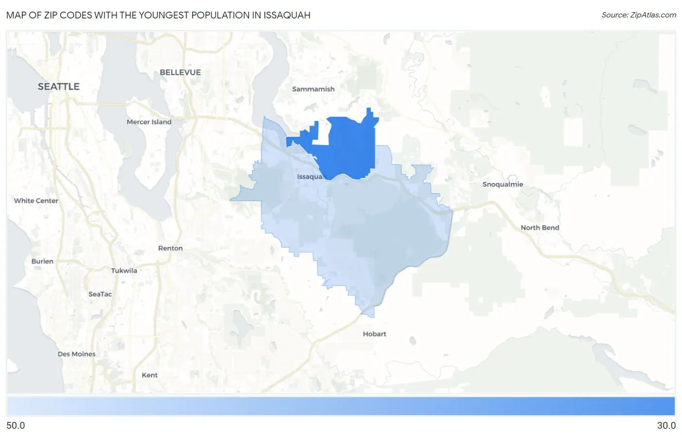 Zip Codes with the Youngest Population in Issaquah Map