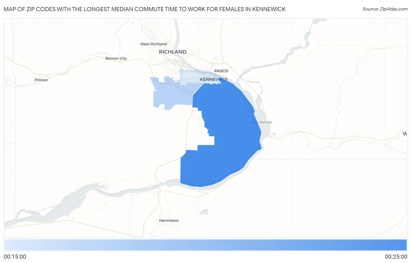 Zip Codes with the Longest Median Commute Time to Work for Females in Kennewick Map
