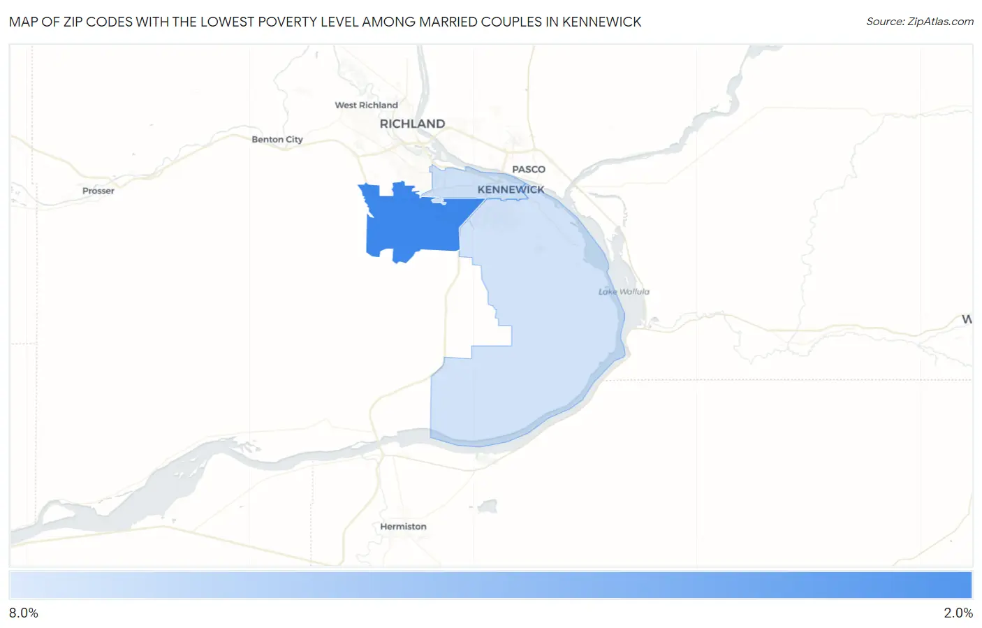 Zip Codes with the Lowest Poverty Level Among Married Couples in Kennewick Map