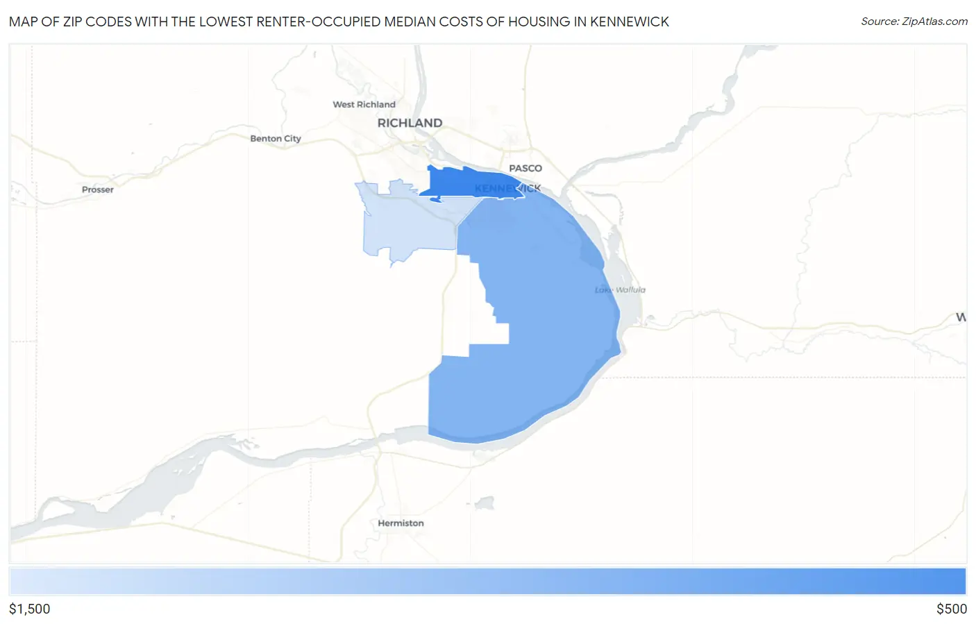 Zip Codes with the Lowest Renter-Occupied Median Costs of Housing in Kennewick Map