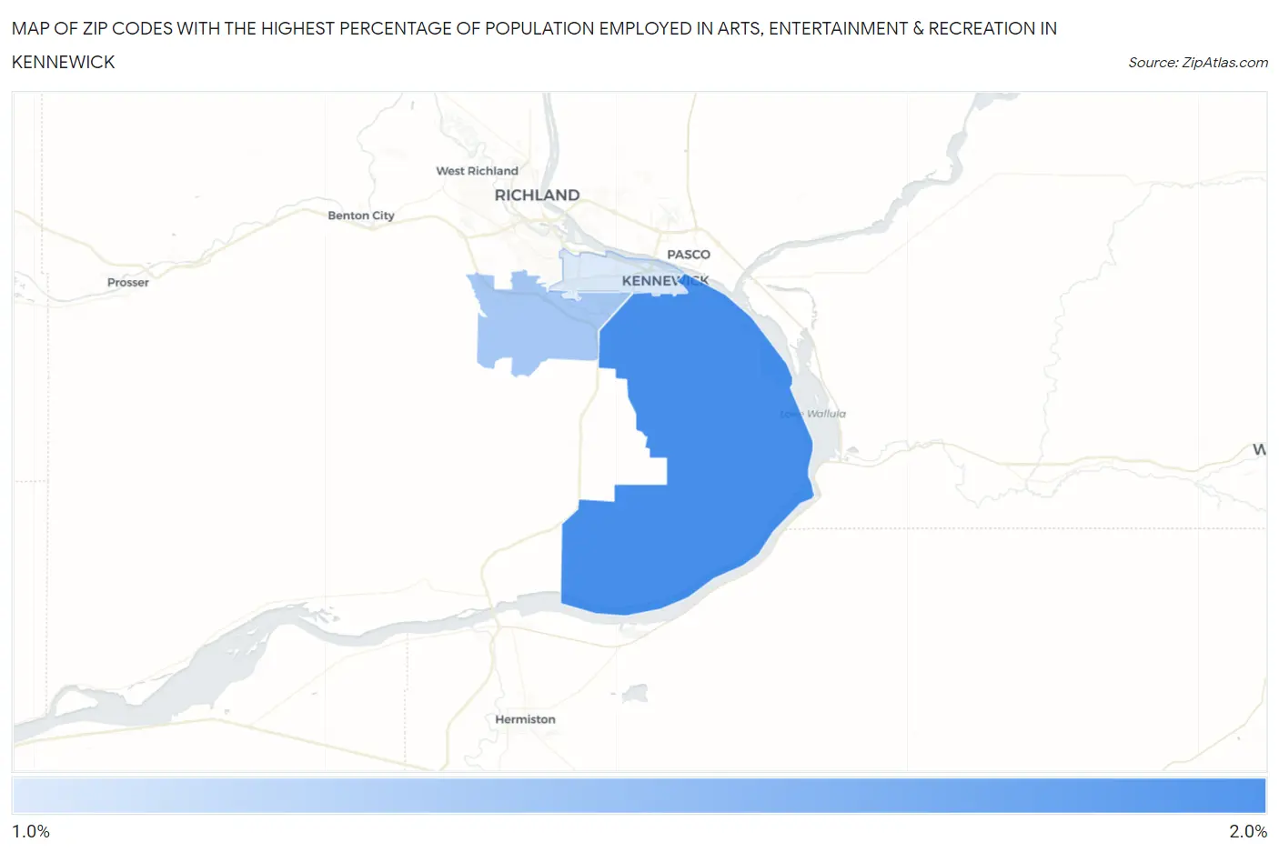 Zip Codes with the Highest Percentage of Population Employed in Arts, Entertainment & Recreation in Kennewick Map