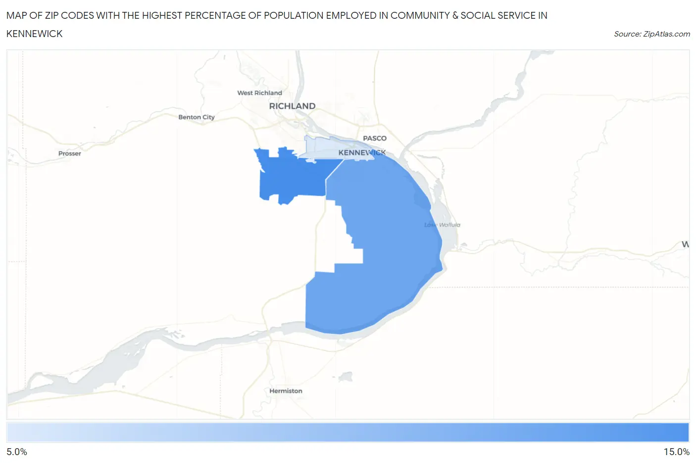 Zip Codes with the Highest Percentage of Population Employed in Community & Social Service  in Kennewick Map