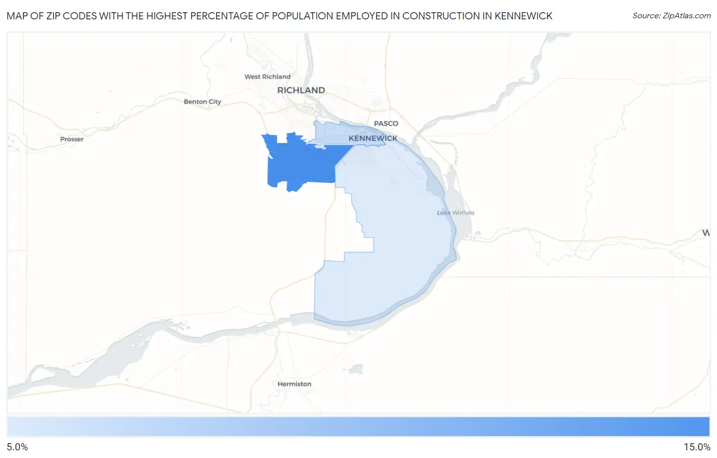 Zip Codes with the Highest Percentage of Population Employed in Construction in Kennewick Map