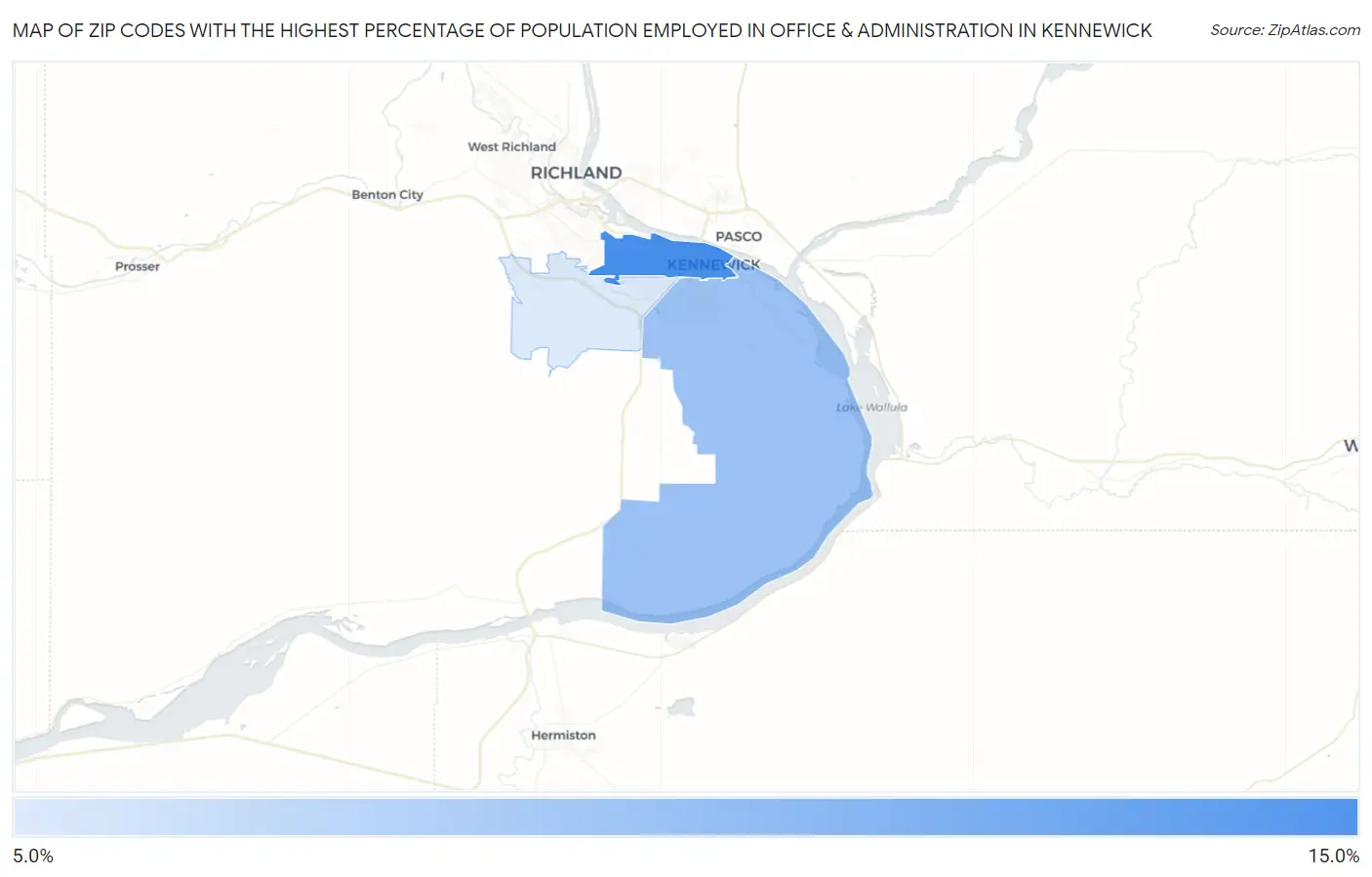 Zip Codes with the Highest Percentage of Population Employed in Office & Administration in Kennewick Map