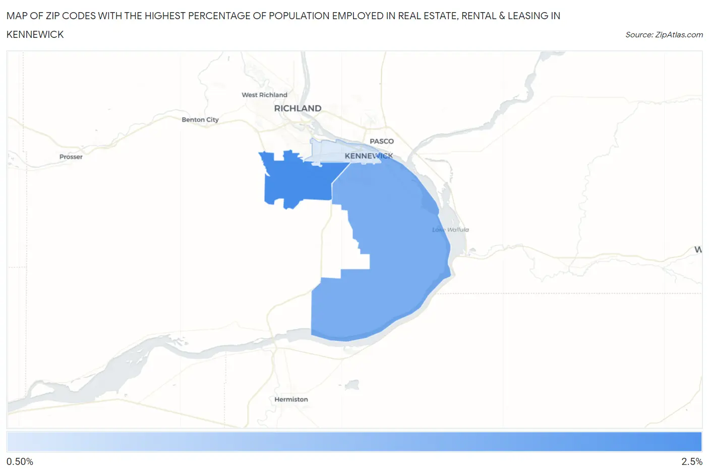 Zip Codes with the Highest Percentage of Population Employed in Real Estate, Rental & Leasing in Kennewick Map