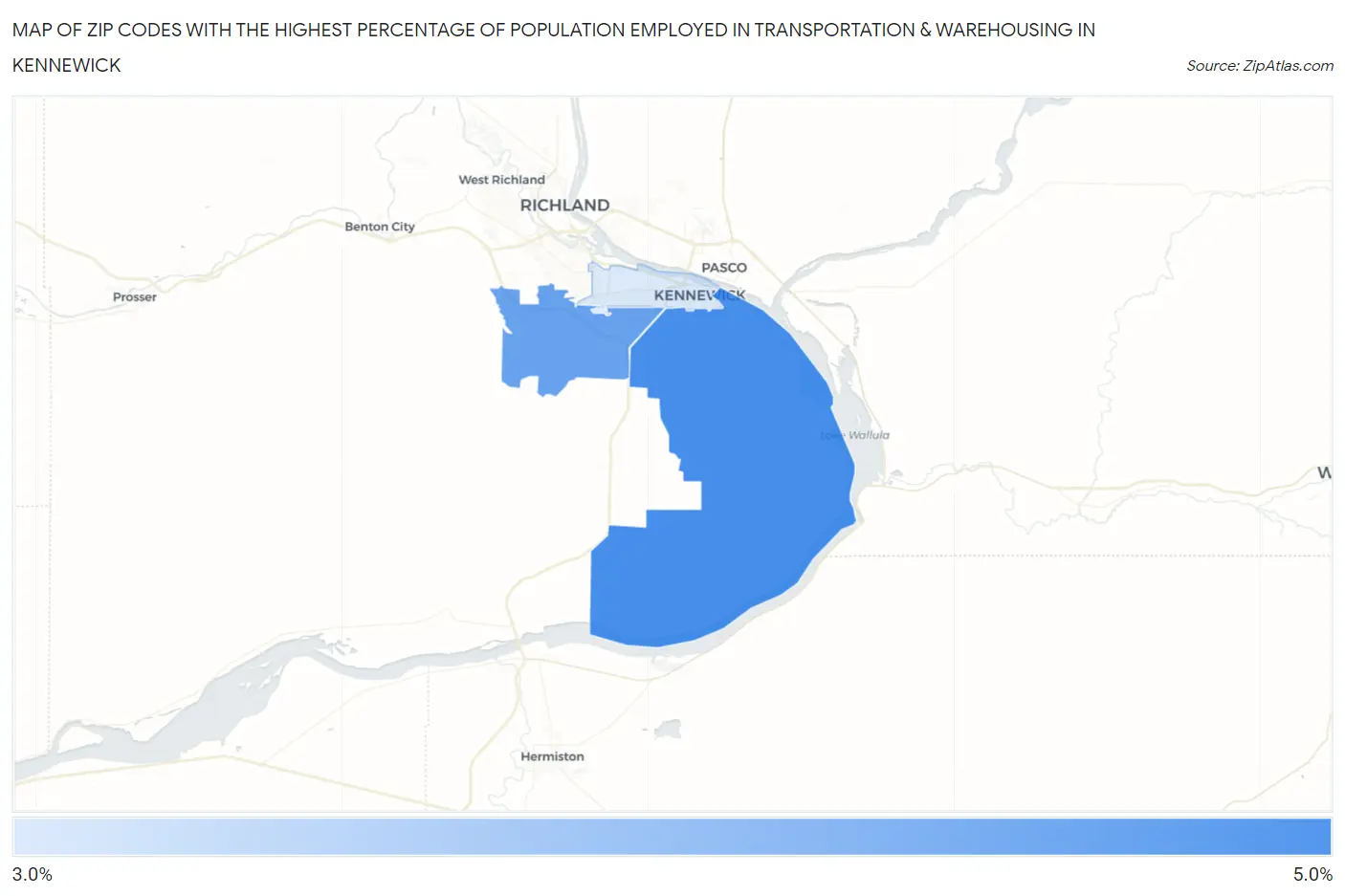 Zip Codes with the Highest Percentage of Population Employed in Transportation & Warehousing in Kennewick Map