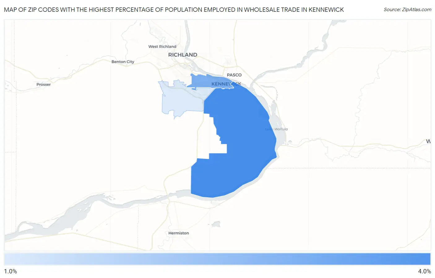 Zip Codes with the Highest Percentage of Population Employed in Wholesale Trade in Kennewick Map
