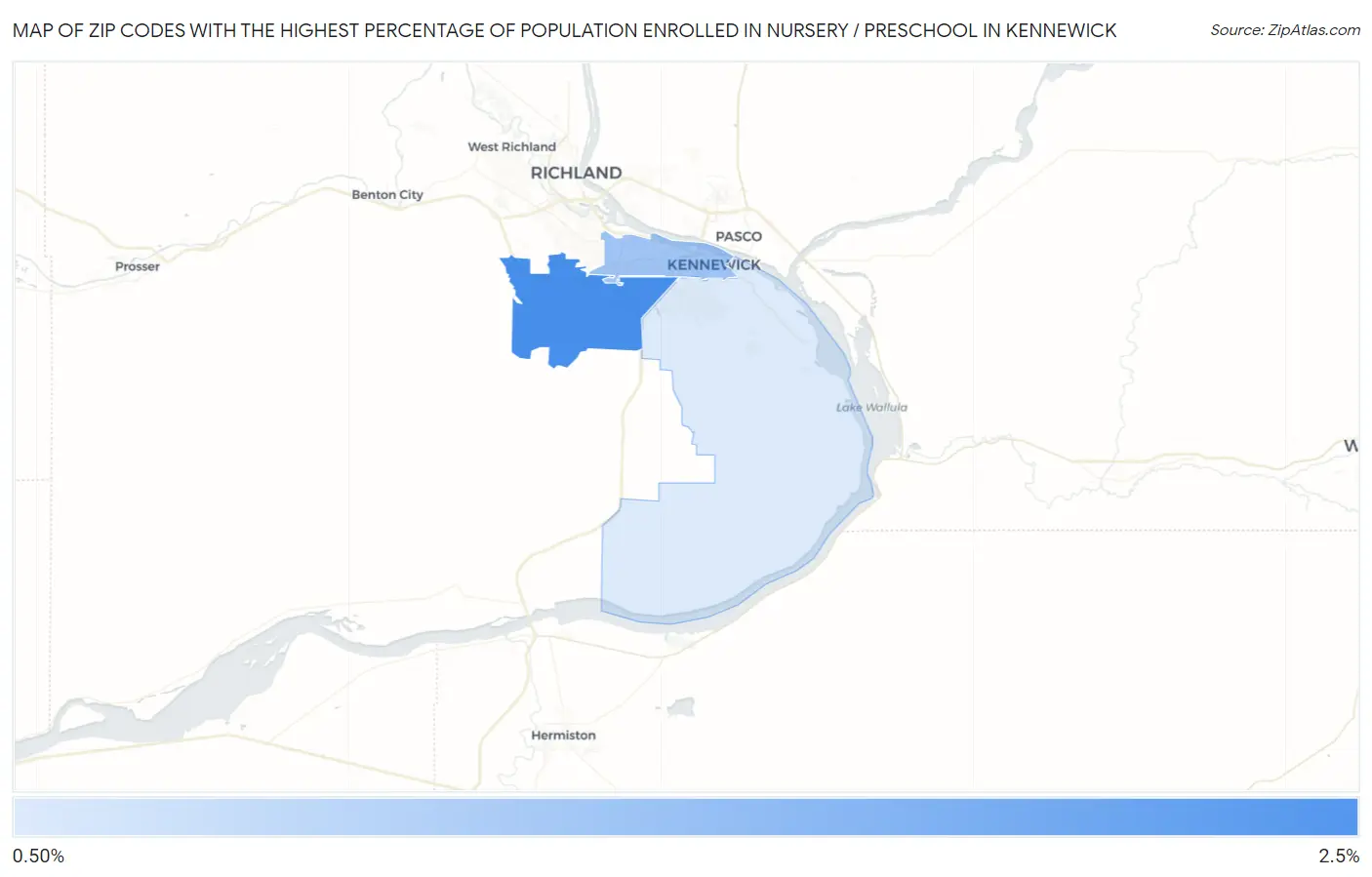 Zip Codes with the Highest Percentage of Population Enrolled in Nursery / Preschool in Kennewick Map