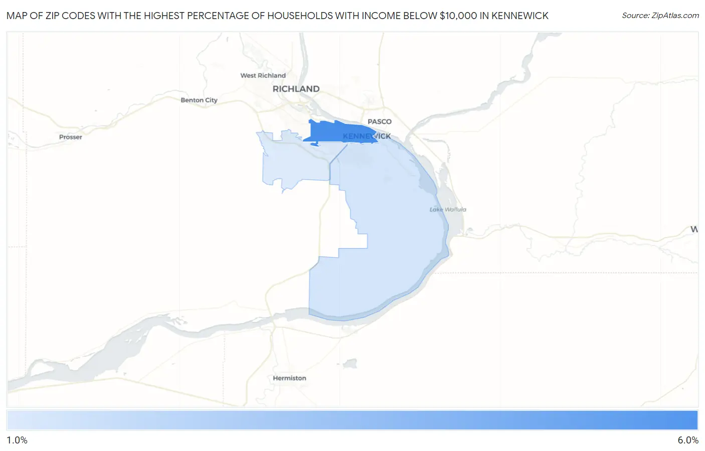 Zip Codes with the Highest Percentage of Households with Income Below $10,000 in Kennewick Map