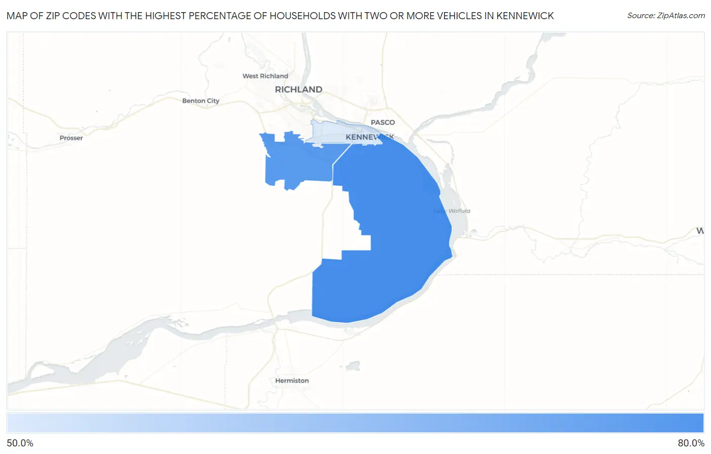 Zip Codes with the Highest Percentage of Households With Two or more Vehicles in Kennewick Map