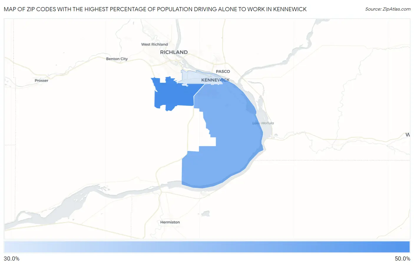 Zip Codes with the Highest Percentage of Population Driving Alone to Work in Kennewick Map