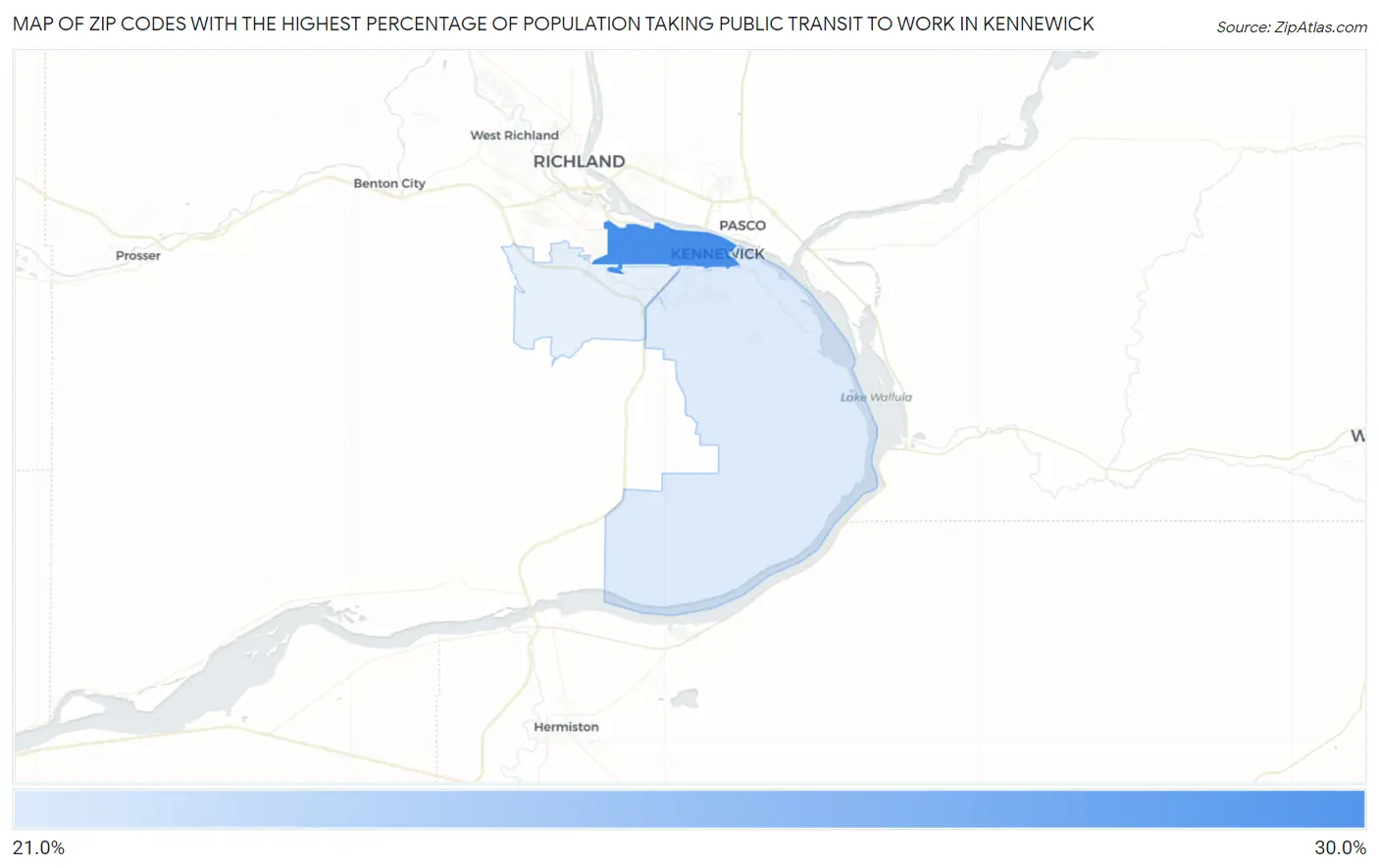 Zip Codes with the Highest Percentage of Population Taking Public Transit to Work in Kennewick Map