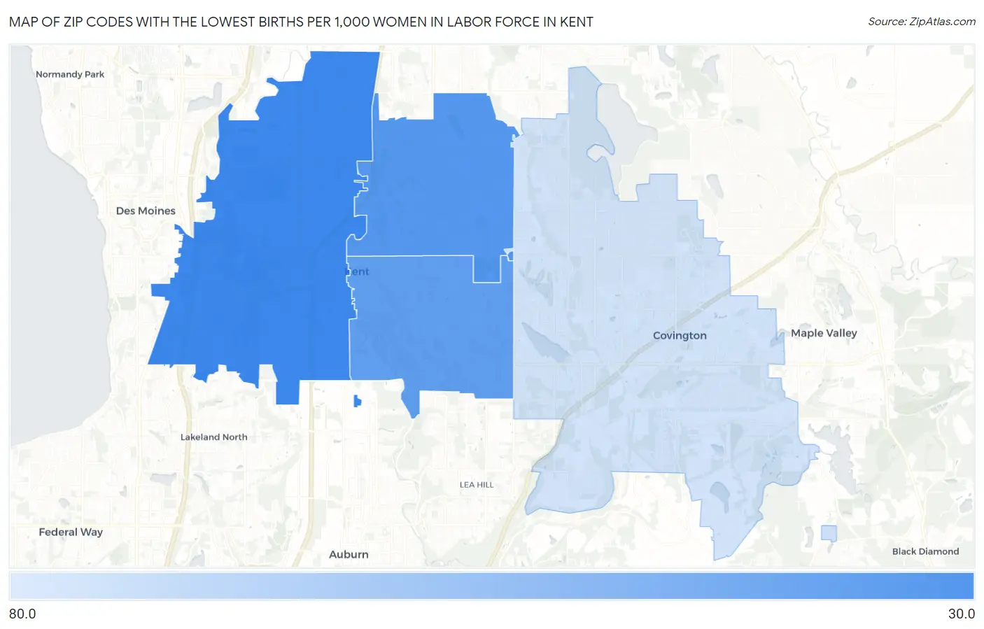 Zip Codes with the Lowest Births per 1,000 Women in Labor Force in Kent Map