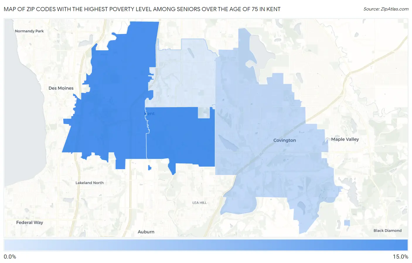 Zip Codes with the Highest Poverty Level Among Seniors Over the Age of 75 in Kent Map