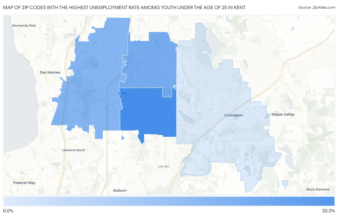 Zip Codes with the Highest Unemployment Rate Amomg Youth Under the Age of 25 in Kent Map
