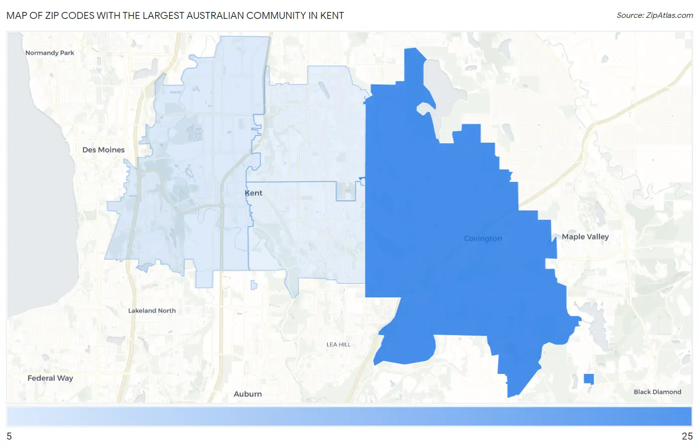 Zip Codes with the Largest Australian Community in Kent Map