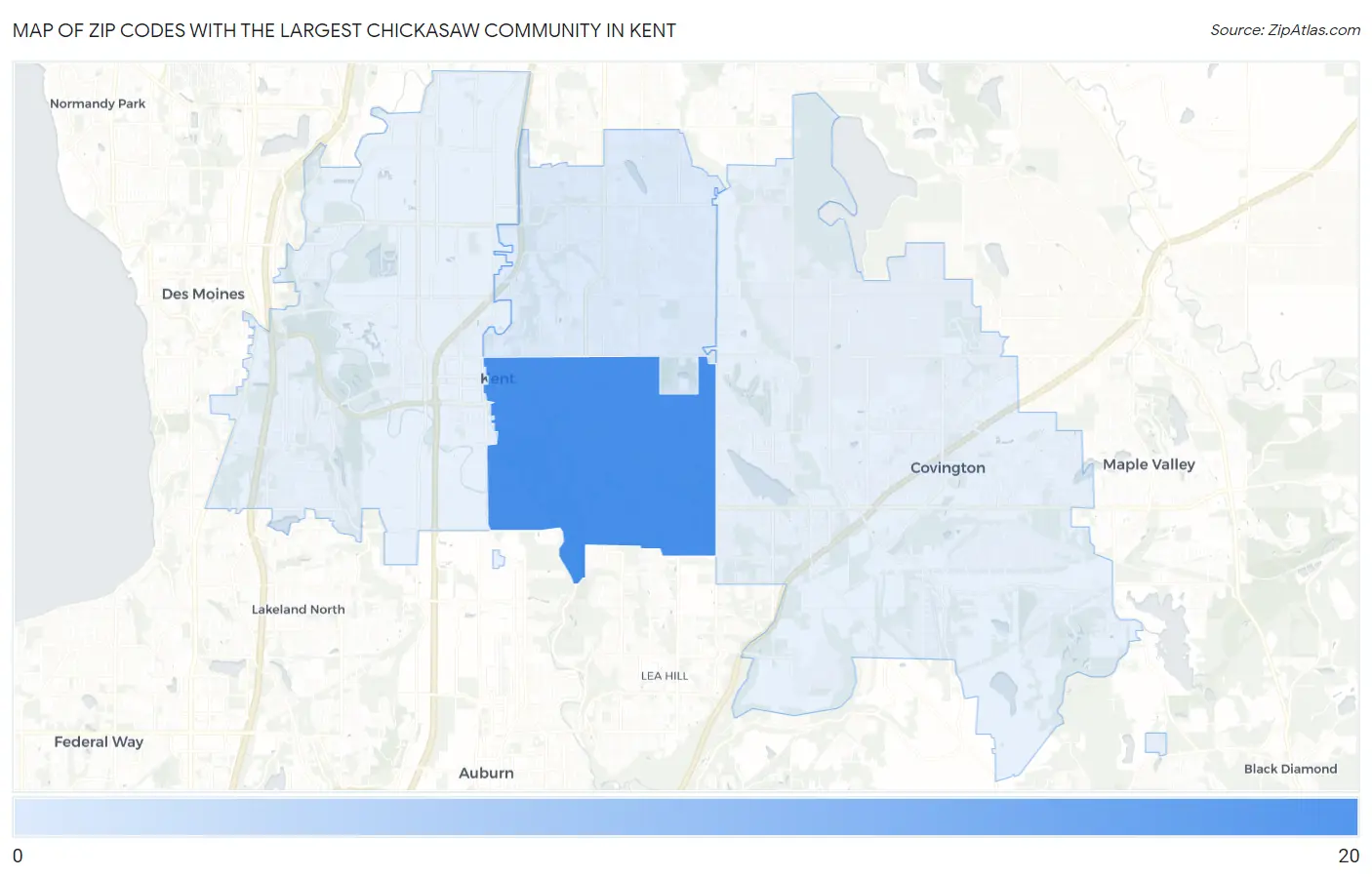 Zip Codes with the Largest Chickasaw Community in Kent Map