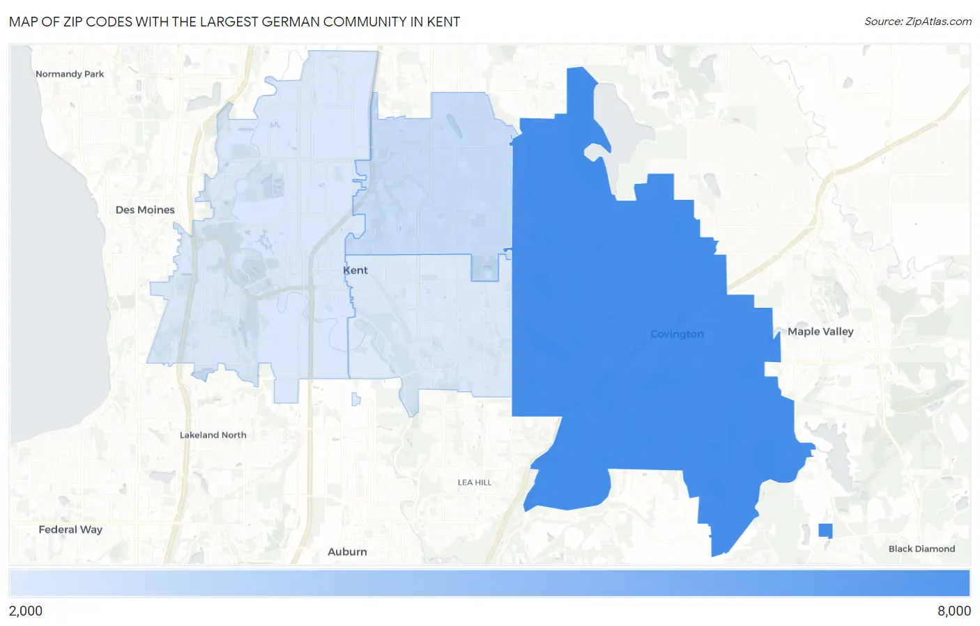 Zip Codes with the Largest German Community in Kent Map