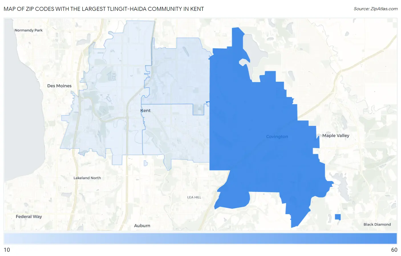 Zip Codes with the Largest Tlingit-Haida Community in Kent Map