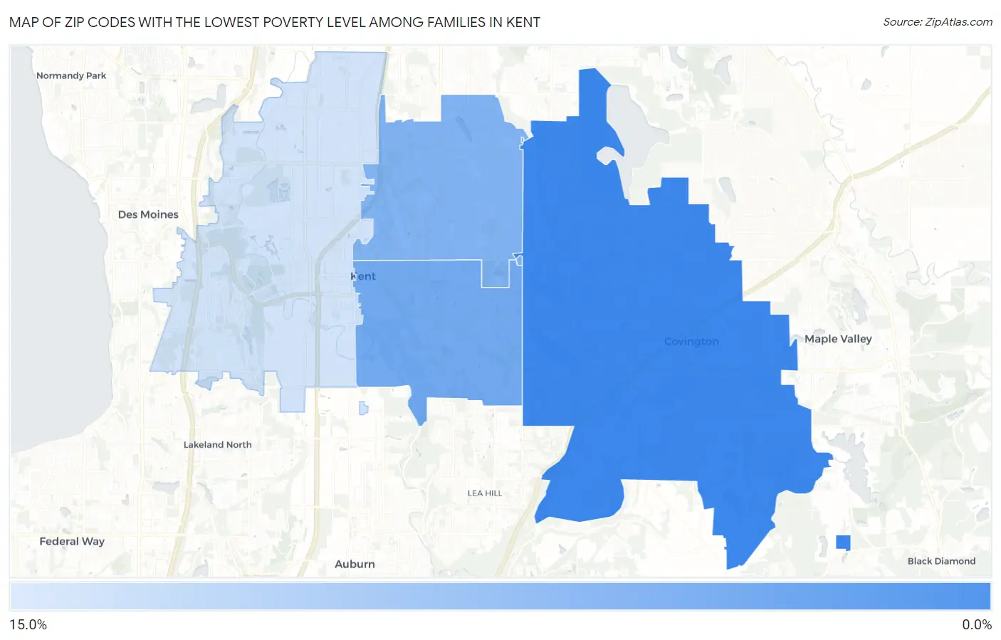 Zip Codes with the Lowest Poverty Level Among Families in Kent Map