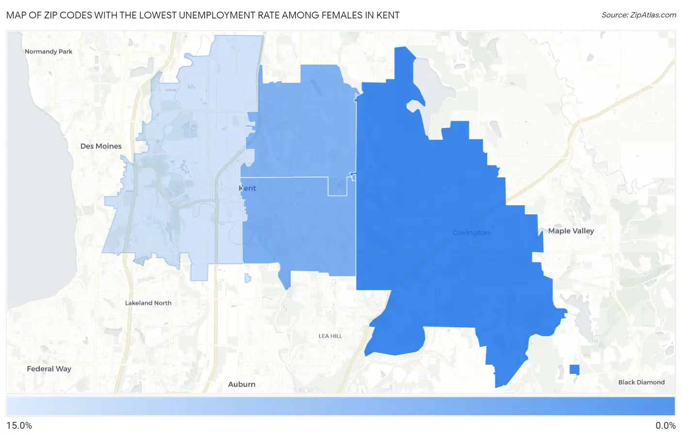 Zip Codes with the Lowest Unemployment Rate Among Females in Kent Map