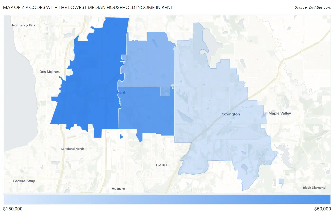 Zip Codes with the Lowest Median Household Income in Kent Map