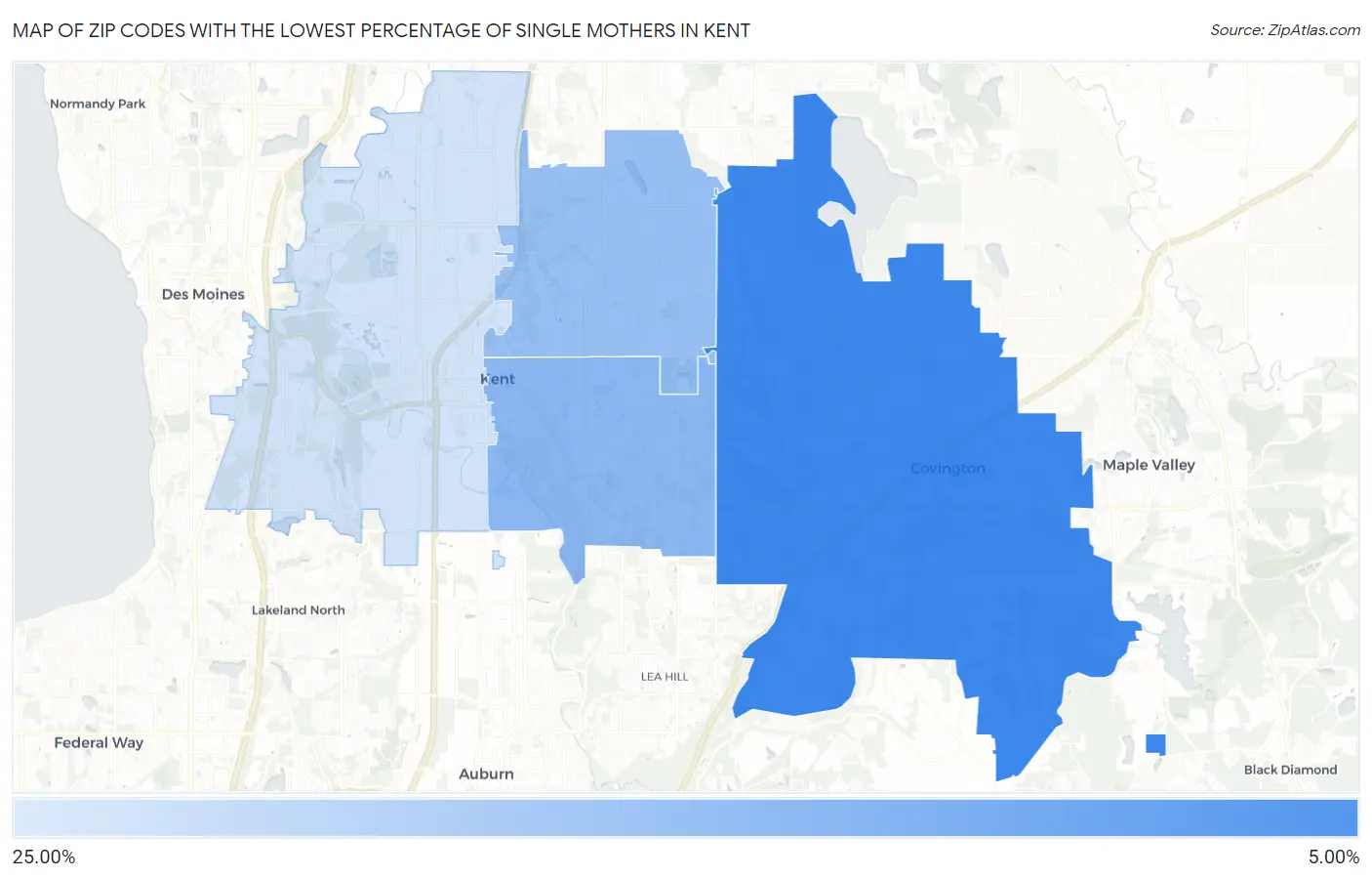 Zip Codes with the Lowest Percentage of Single Mothers in Kent Map