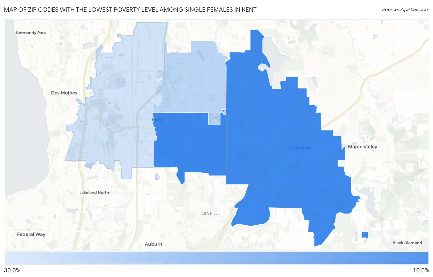 Zip Codes with the Lowest Poverty Level Among Single Females in Kent Map