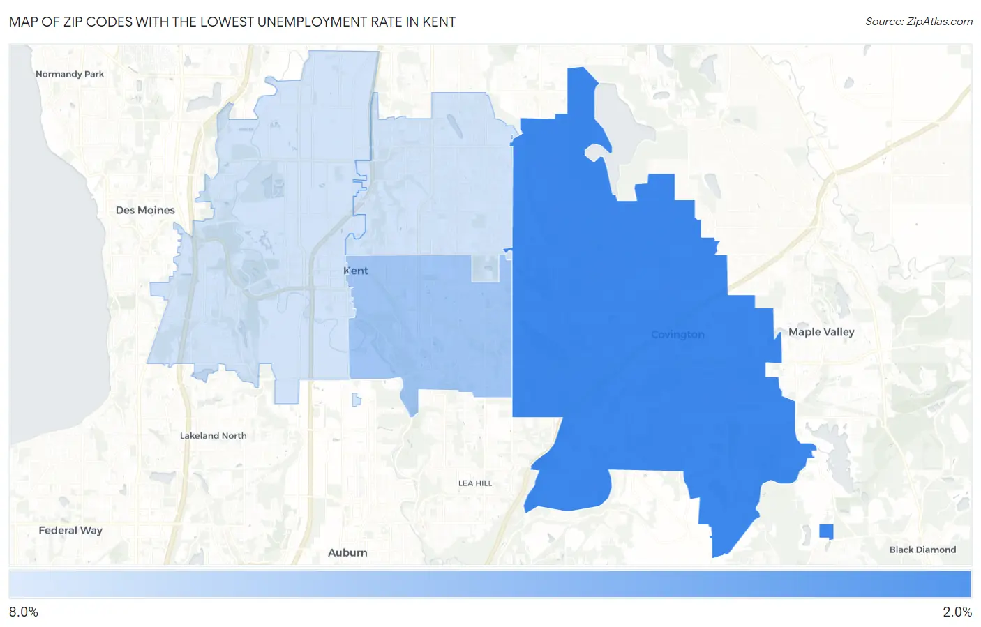 Zip Codes with the Lowest Unemployment Rate in Kent Map