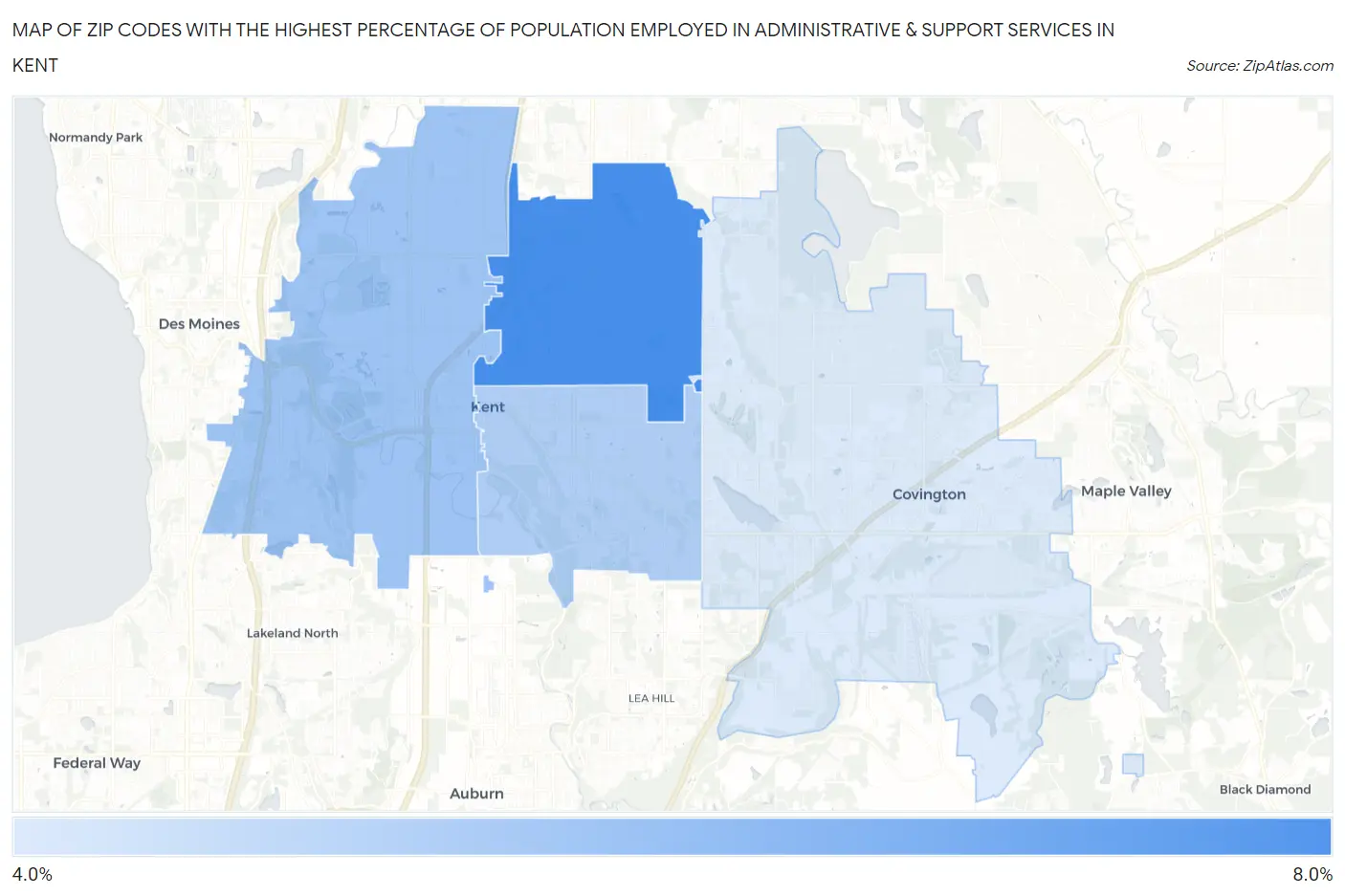 Zip Codes with the Highest Percentage of Population Employed in Administrative & Support Services in Kent Map
