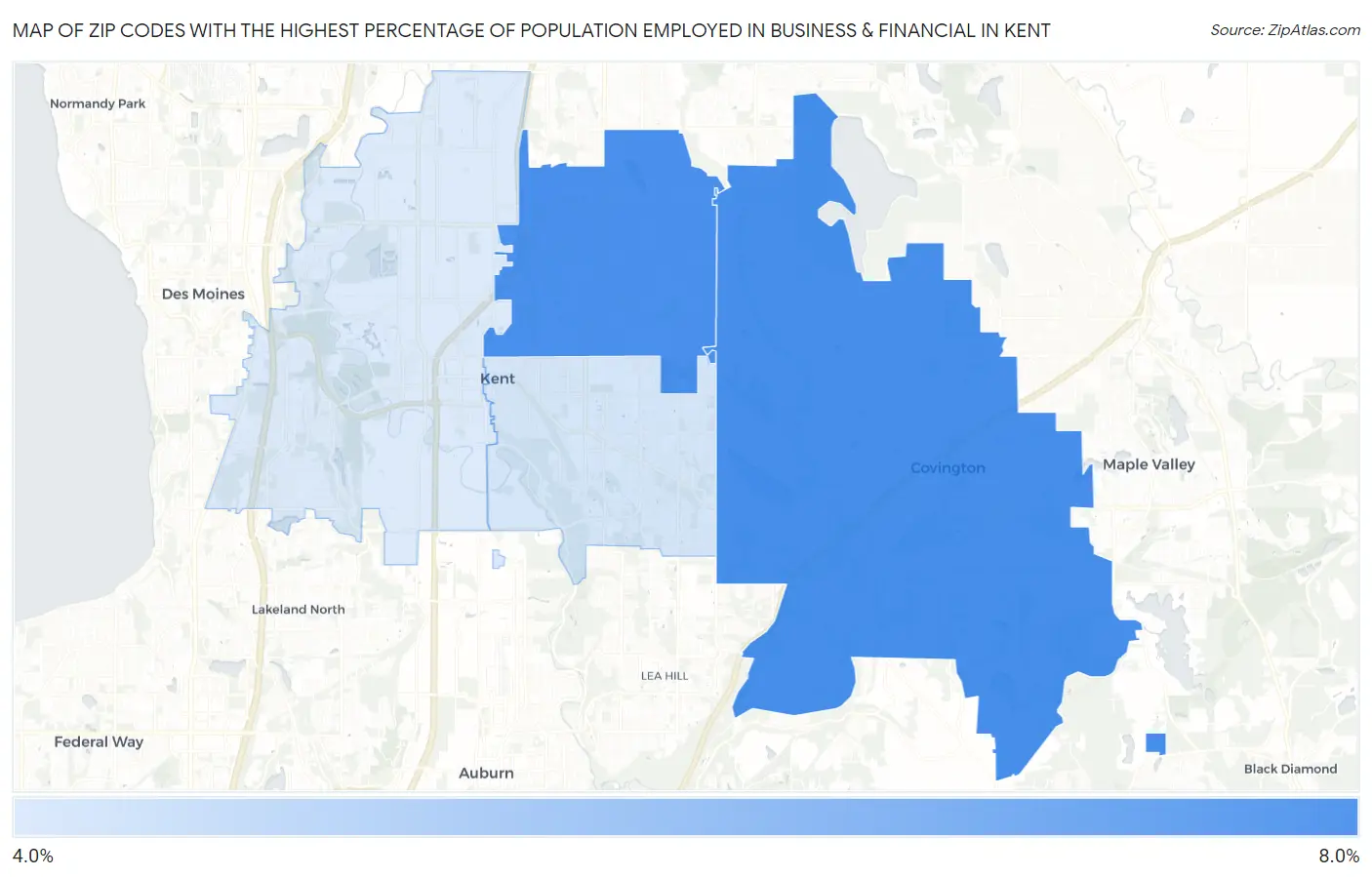 Zip Codes with the Highest Percentage of Population Employed in Business & Financial in Kent Map