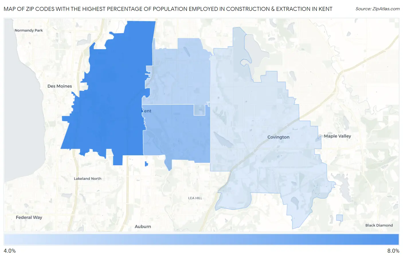 Zip Codes with the Highest Percentage of Population Employed in Construction & Extraction in Kent Map