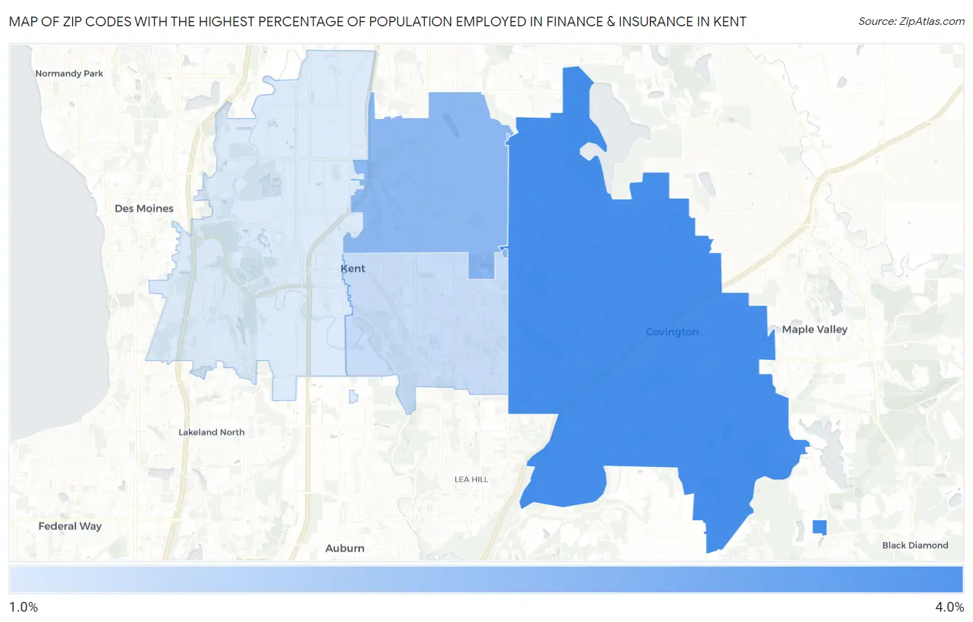 Zip Codes with the Highest Percentage of Population Employed in Finance & Insurance in Kent Map