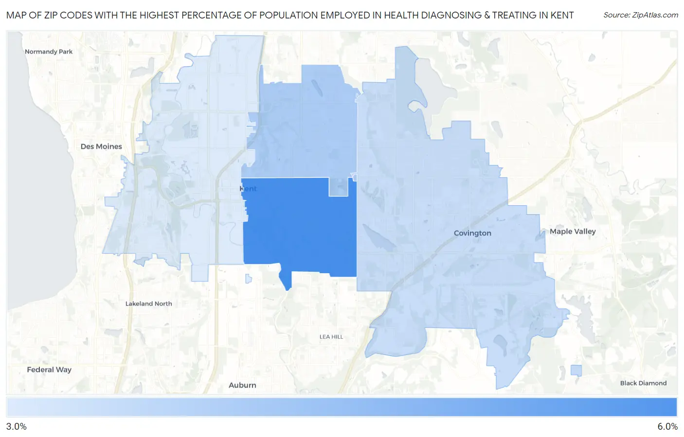Zip Codes with the Highest Percentage of Population Employed in Health Diagnosing & Treating in Kent Map