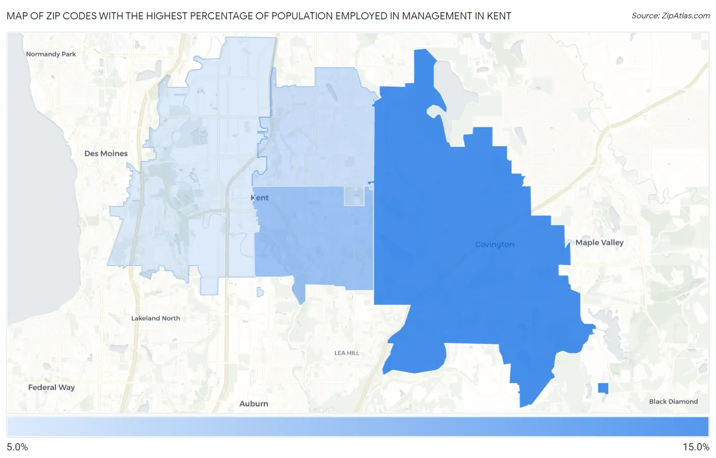 Zip Codes with the Highest Percentage of Population Employed in Management in Kent Map