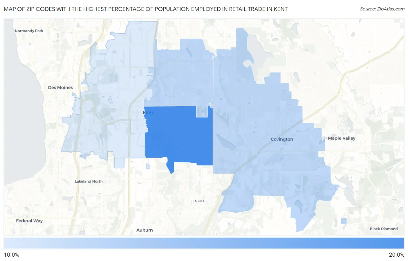Zip Codes with the Highest Percentage of Population Employed in Retail Trade in Kent Map