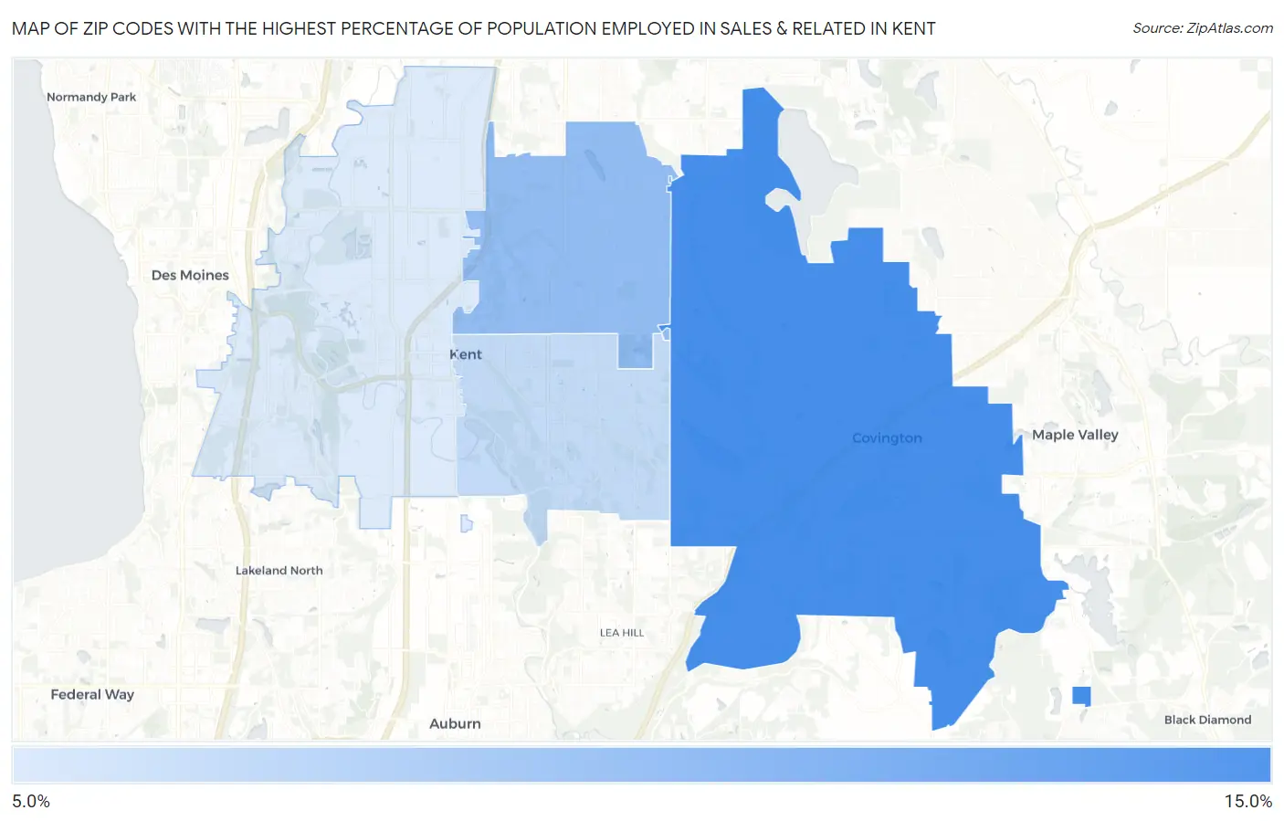 Zip Codes with the Highest Percentage of Population Employed in Sales & Related in Kent Map