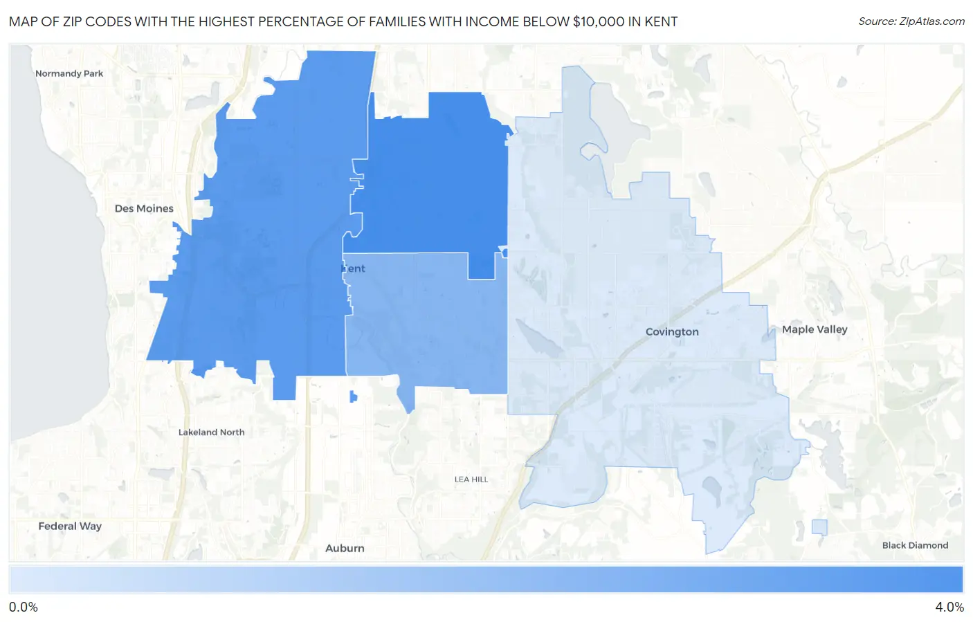 Zip Codes with the Highest Percentage of Families with Income Below $10,000 in Kent Map