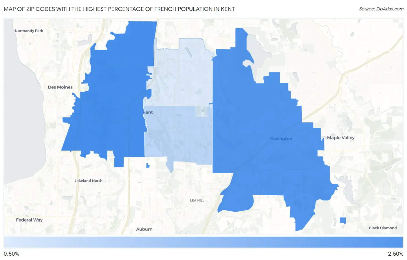 Zip Codes with the Highest Percentage of French Population in Kent Map