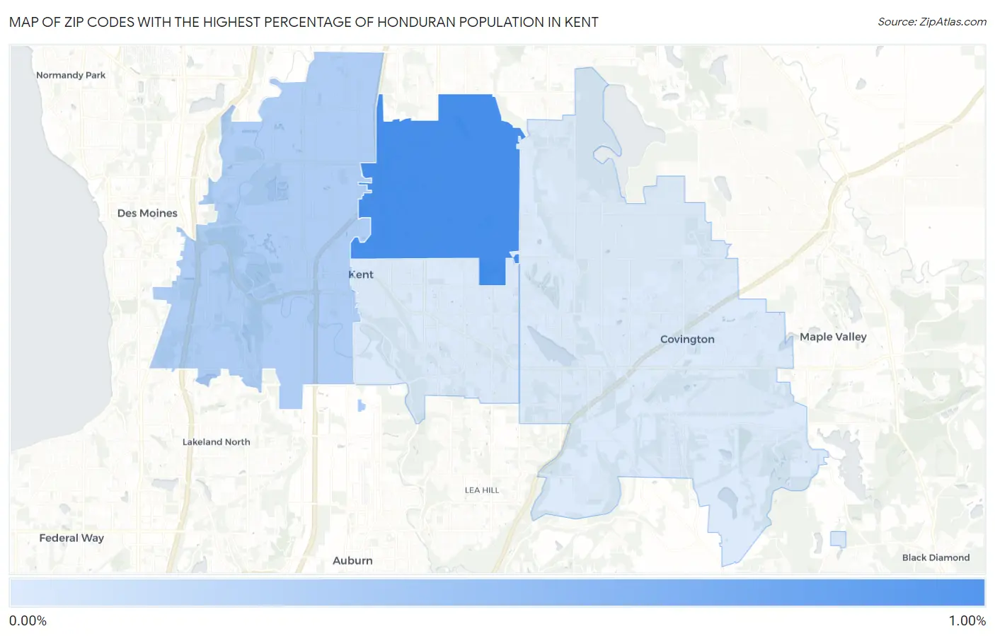Zip Codes with the Highest Percentage of Honduran Population in Kent Map