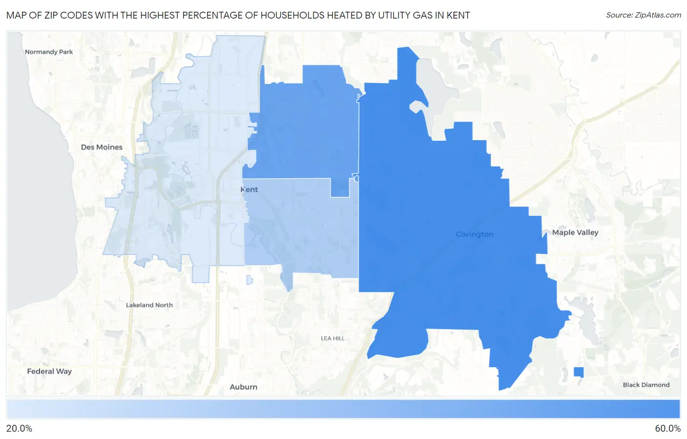 Zip Codes with the Highest Percentage of Households Heated by Utility Gas in Kent Map