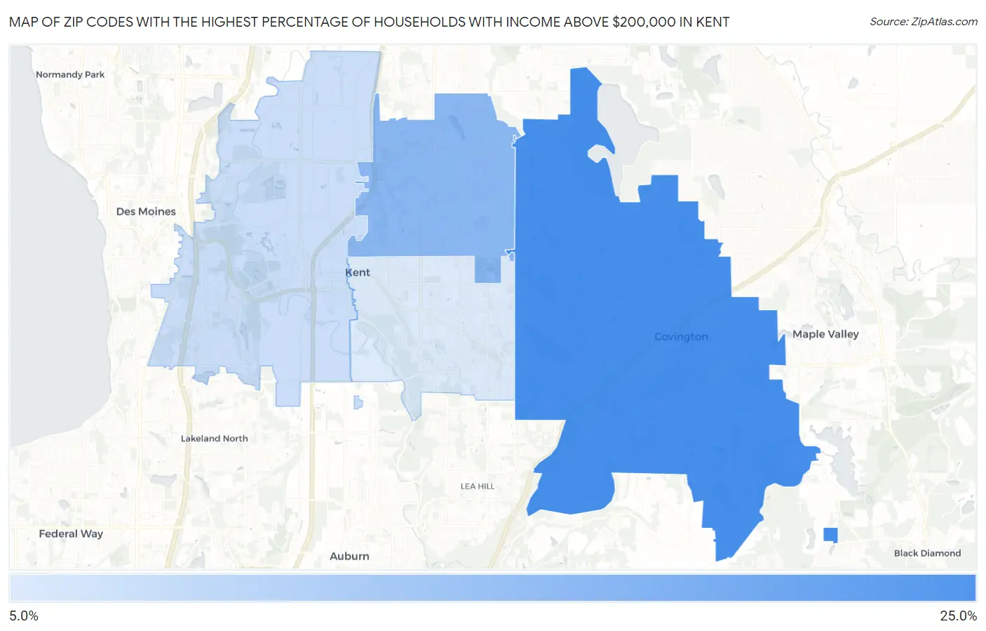 Zip Codes with the Highest Percentage of Households with Income Above $200,000 in Kent Map