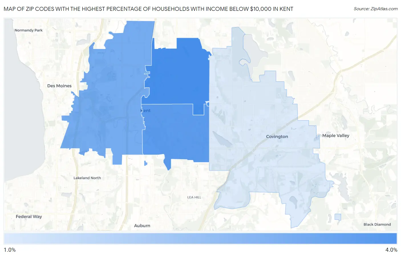 Zip Codes with the Highest Percentage of Households with Income Below $10,000 in Kent Map