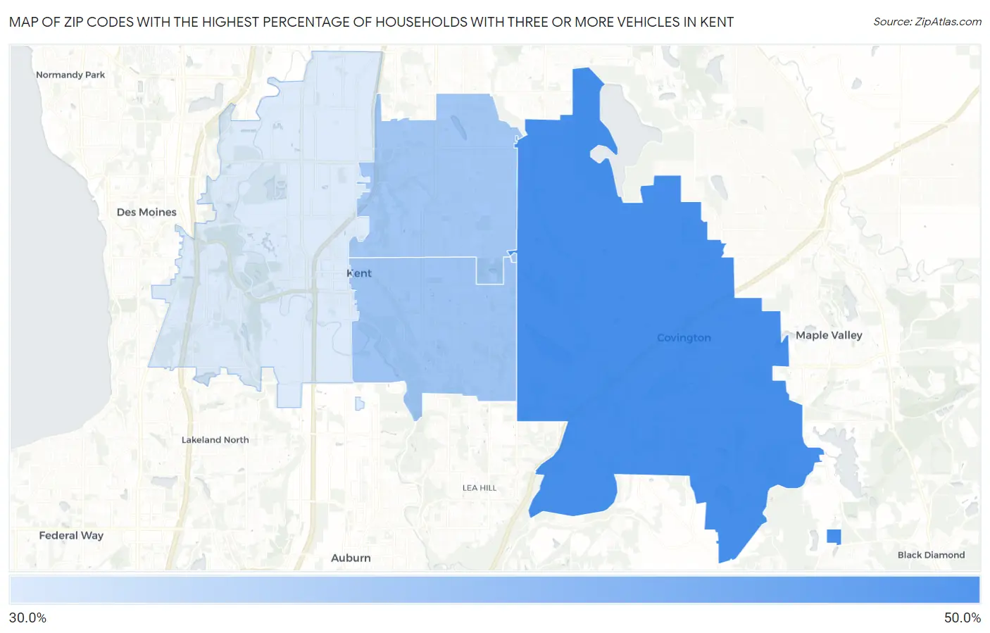 Zip Codes with the Highest Percentage of Households With Three or more Vehicles in Kent Map