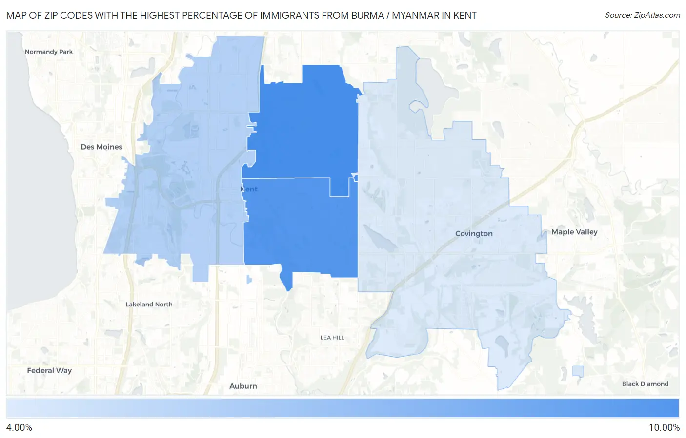 Zip Codes with the Highest Percentage of Immigrants from Burma / Myanmar in Kent Map