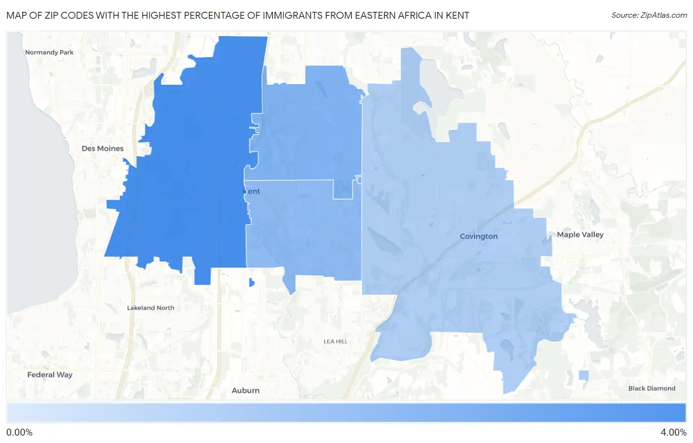 Zip Codes with the Highest Percentage of Immigrants from Eastern Africa in Kent Map
